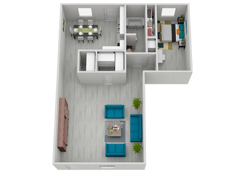 a stylized floor plan with a bedroom and a living room